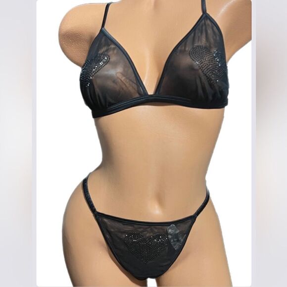 Victorias Secret Bling Rhinestone Heart Sexy sheer mesh bralette & V string L - Picture 6 of 8